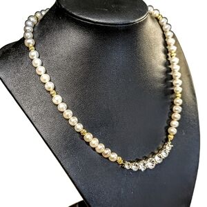 Pearl & Cubic Zirconia Stones In Golden Accents Necklace
